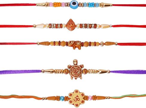 Set of 5 Fancy Rakhi for Brothers Design Rakhi and Beads Design Rakhi, Handmade Rakhi, Rakhi Bracelet Multi Design Beads And Assorted Color in Saudi Arabia