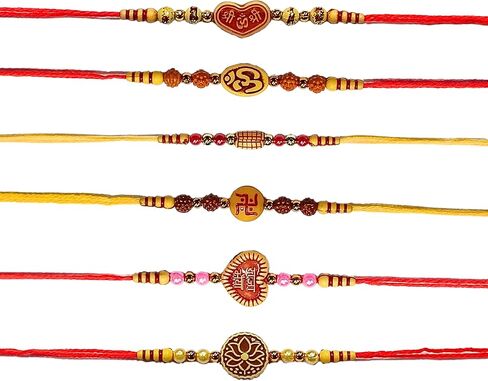 HARJEET Set of 6 Traditional Rakhi for Raksha Bandhan – Handcrafted Rudraksha & Beaded Rakhis with Spiritual Symbols – Rakhi Gift Set in Saudi Arabia
