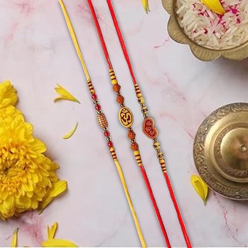 HARJEET Set of 6 Traditional Rakhi for Raksha Bandhan – Handcrafted Rudraksha & Beaded Rakhis with Spiritual Symbols – Rakhi Gift Set in Saudi Arabia
