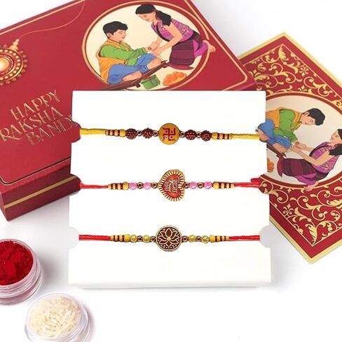 HARJEET Set of 6 Traditional Rakhi for Raksha Bandhan – Handcrafted Rudraksha & Beaded Rakhis with Spiritual Symbols – Rakhi Gift Set in Saudi Arabia