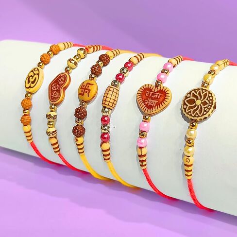 HARJEET Set of 6 Traditional Rakhi for Raksha Bandhan – Handcrafted Rudraksha & Beaded Rakhis with Spiritual Symbols – Rakhi Gift Set in Saudi Arabia