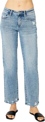 Judy Blue Women's Mid Rise Medium Wash Distressed Straight Leg Jeans in Saudi Arabia