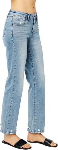 Judy Blue Women's Mid Rise Medium Wash Distressed Straight Leg Jeans in Saudi Arabia