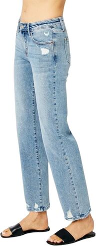 Judy Blue Women's Mid Rise Medium Wash Distressed Straight Leg Jeans in Saudi Arabia