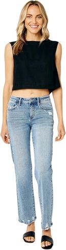 Judy Blue Women's Mid Rise Medium Wash Distressed Straight Leg Jeans in Saudi Arabia