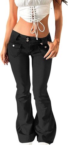سراويل جينز للنساء منخفضة الصديق جينز جينز عصري Strechy Bell Bottom Y2K Denim مع جيوب in Kuwait