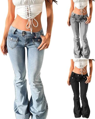 سراويل جينز للنساء منخفضة الصديق جينز جينز عصري Strechy Bell Bottom Y2K Denim مع جيوب in Kuwait