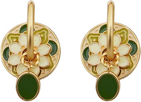 Chinese Style Gold Hoop Disc Earrings for Women - Multi Wear Design with Flower Cloud Pattern Enamel, Ancient Lucky Earrings in Saudi Arabia
