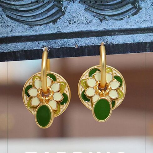 Chinese Style Gold Hoop Disc Earrings for Women - Multi Wear Design with Flower Cloud Pattern Enamel, Ancient Lucky Earrings in Saudi Arabia