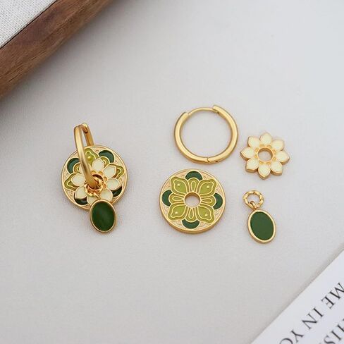 Chinese Style Gold Hoop Disc Earrings for Women - Multi Wear Design with Flower Cloud Pattern Enamel, Ancient Lucky Earrings in Saudi Arabia