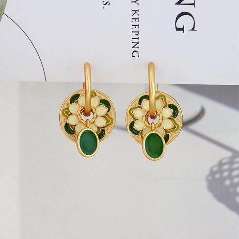 Chinese Style Gold Hoop Disc Earrings for Women - Multi Wear Design with Flower Cloud Pattern Enamel, Ancient Lucky Earrings in Saudi Arabia
