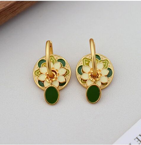 Chinese Style Gold Hoop Disc Earrings for Women - Multi Wear Design with Flower Cloud Pattern Enamel, Ancient Lucky Earrings in Saudi Arabia