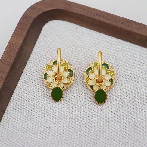 Chinese Style Gold Hoop Disc Earrings for Women - Multi Wear Design with Flower Cloud Pattern Enamel, Ancient Lucky Earrings in Saudi Arabia