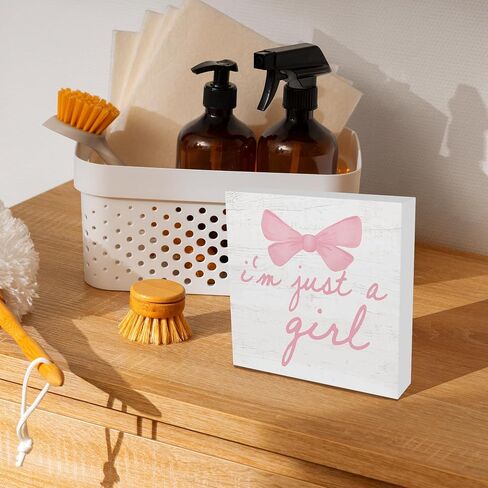 Trendy Pink Bow Coquette Room Decor Wooden Box Sign, Coquette Party Decor, Girls Room Decors, i’m Just a Girl Girly Bowknot Signs for Home Dorm Wall Desk Shelf Tabletop Decoration 5X5In in Kuwait