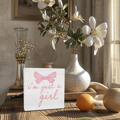Trendy Pink Bow Coquette Room Decor Wooden Box Sign, Coquette Party Decor, Girls Room Decors, i’m Just a Girl Girly Bowknot Signs for Home Dorm Wall Desk Shelf Tabletop Decoration 5X5In in Kuwait