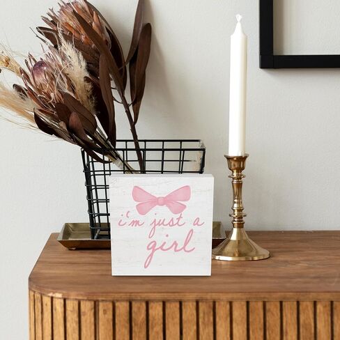 Trendy Pink Bow Coquette Room Decor Wooden Box Sign, Coquette Party Decor, Girls Room Decors, i’m Just a Girl Girly Bowknot Signs for Home Dorm Wall Desk Shelf Tabletop Decoration 5X5In in Kuwait