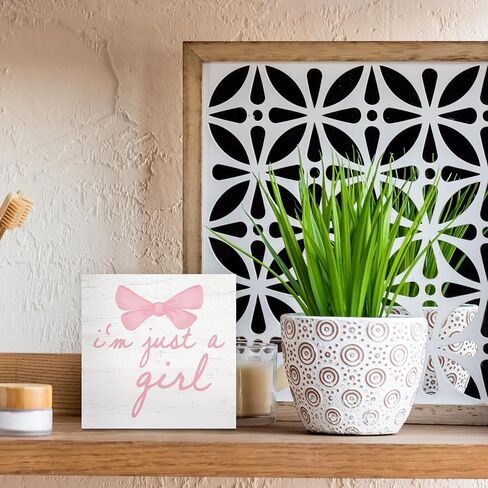 Trendy Pink Bow Coquette Room Decor Wooden Box Sign, Coquette Party Decor, Girls Room Decors, i’m Just a Girl Girly Bowknot Signs for Home Dorm Wall Desk Shelf Tabletop Decoration 5X5In in Kuwait