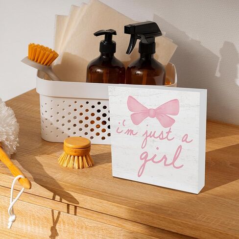 Trendy Pink Bow Coquette Room Decor Wooden Box Sign, Coquette Party Decor, Girls Room Decors, i’m Just a Girl Girly Bowknot Signs for Home Dorm Wall Desk Shelf Tabletop Decoration 5X5In in Kuwait