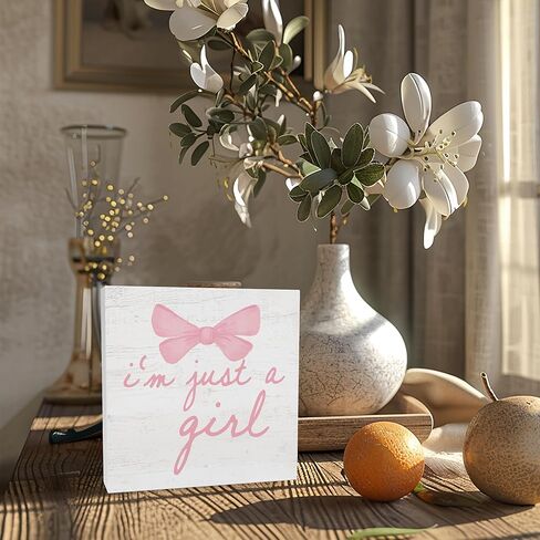 Trendy Pink Bow Coquette Room Decor Wooden Box Sign, Coquette Party Decor, Girls Room Decors, i’m Just a Girl Girly Bowknot Signs for Home Dorm Wall Desk Shelf Tabletop Decoration 5X5In in Kuwait