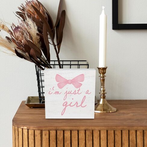 Trendy Pink Bow Coquette Room Decor Wooden Box Sign, Coquette Party Decor, Girls Room Decors, i’m Just a Girl Girly Bowknot Signs for Home Dorm Wall Desk Shelf Tabletop Decoration 5X5In in Kuwait