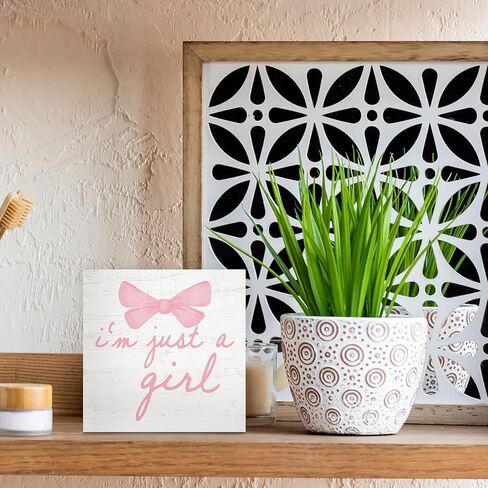 Trendy Pink Bow Coquette Room Decor Wooden Box Sign, Coquette Party Decor, Girls Room Decors, i’m Just a Girl Girly Bowknot Signs for Home Dorm Wall Desk Shelf Tabletop Decoration 5X5In in Kuwait