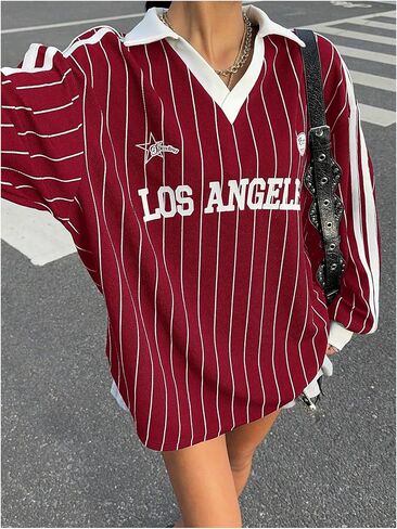 SOLY HUX Women's Oversized Tees Striped Letter Print Y2k Jersey T Shirt Collar V Neck Long Sleeve Loose Tops in Saudi Arabia