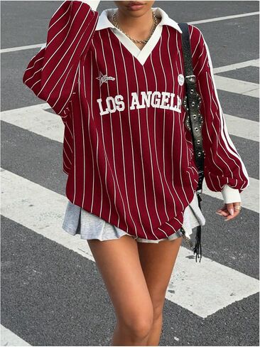 SOLY HUX Women's Oversized Tees Striped Letter Print Y2k Jersey T Shirt Collar V Neck Long Sleeve Loose Tops in Saudi Arabia
