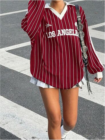 SOLY HUX Women's Oversized Tees Striped Letter Print Y2k Jersey T Shirt Collar V Neck Long Sleeve Loose Tops in Saudi Arabia