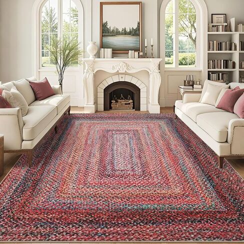 Washable Living Room Rug 5x7 Area Rugs Braided Printed Rug with Low Pile Non-Slip Backing, Modern Geometric Rustic Accent Carpet for Bedroom, Farmhouse Boho Accent Foldable Floor Cover, Jute Color in Saudi Arabia