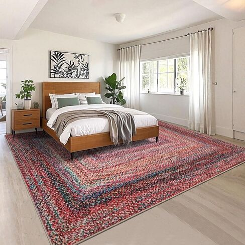 Washable Living Room Rug 5x7 Area Rugs Braided Printed Rug with Low Pile Non-Slip Backing, Modern Geometric Rustic Accent Carpet for Bedroom, Farmhouse Boho Accent Foldable Floor Cover, Jute Color in Saudi Arabia