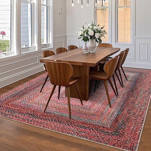 Washable Living Room Rug 5x7 Area Rugs Braided Printed Rug with Low Pile Non-Slip Backing, Modern Geometric Rustic Accent Carpet for Bedroom, Farmhouse Boho Accent Foldable Floor Cover, Jute Color in Saudi Arabia