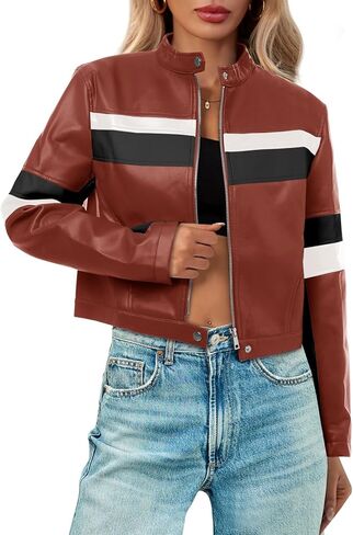 Tankaneo Womens Cropped Moto Biker Jackets Faux Leather Bomber Jacket Color Block Vintage Racing Coats in Kuwait