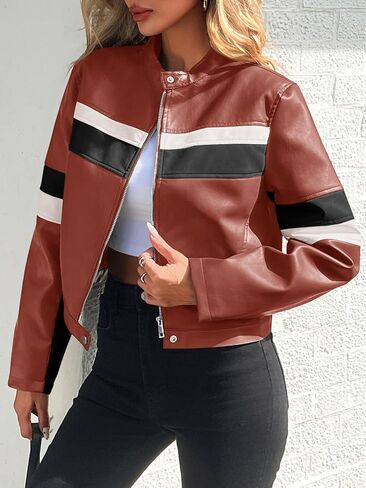 Tankaneo Womens Cropped Moto Biker Jackets Faux Leather Bomber Jacket Color Block Vintage Racing Coats in Kuwait