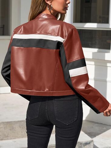 Tankaneo Womens Cropped Moto Biker Jackets Faux Leather Bomber Jacket Color Block Vintage Racing Coats in Kuwait