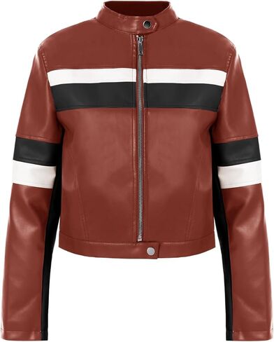 Tankaneo Womens Cropped Moto Biker Jackets Faux Leather Bomber Jacket Color Block Vintage Racing Coats in Kuwait