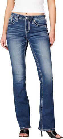 Miss Me Women's Chain Link Cross Stitched Faux Flap Pockets Mid-Rise Bootcut Jeans in Kuwait
