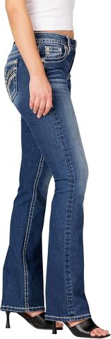 Miss Me Women's Chain Link Cross Stitched Faux Flap Pockets Mid-Rise Bootcut Jeans in Kuwait