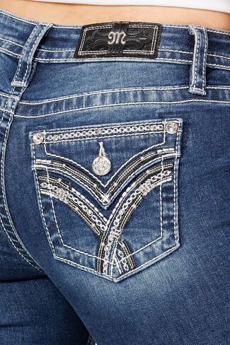 Miss Me Women's Chain Link Cross Stitched Faux Flap Pockets Mid-Rise Bootcut Jeans in Kuwait