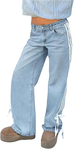 SOLY HUX Women's Y2k Side Striped Bow Jeans Straight Leg Baggy Casual Denim Pants Streetwear in Saudi Arabia