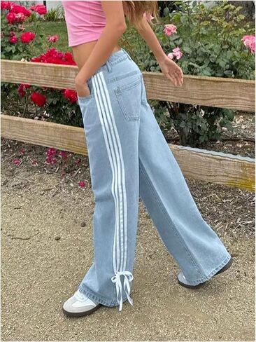 SOLY HUX Women's Y2k Side Striped Bow Jeans Straight Leg Baggy Casual Denim Pants Streetwear in Saudi Arabia