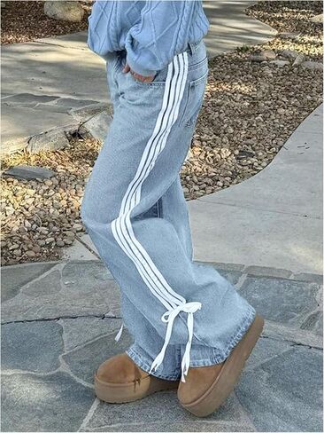 SOLY HUX Women's Y2k Side Striped Bow Jeans Straight Leg Baggy Casual Denim Pants Streetwear in Saudi Arabia