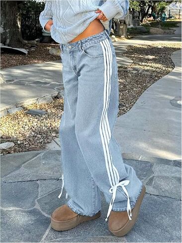 SOLY HUX Women's Y2k Side Striped Bow Jeans Straight Leg Baggy Casual Denim Pants Streetwear in Saudi Arabia