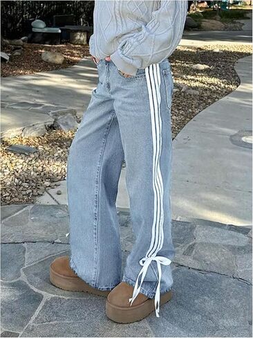 SOLY HUX Women's Y2k Side Striped Bow Jeans Straight Leg Baggy Casual Denim Pants Streetwear in Saudi Arabia