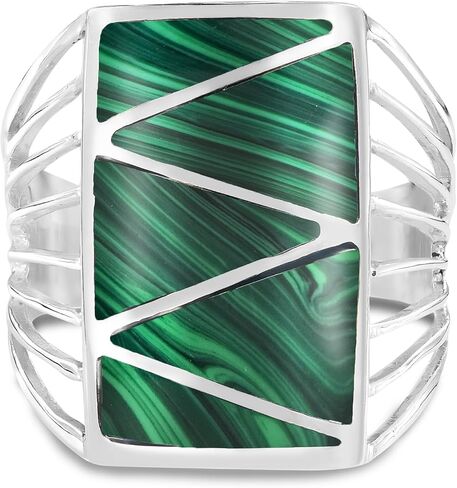 Aeravida Stripe Line zig-Zag Green Malachite .925 Sterling Silver Ring | خواتم الزفاف الكلاسيكية للنساء | خمر الراحة تناسب الخواتم الفضية للنساء | هدية للنساء | أحجام الحلقات الفضية الاسترليني (9) in Saudi Arabia