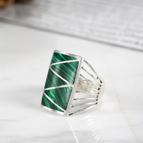 Aeravida Stripe Line zig-Zag Green Malachite .925 Sterling Silver Ring | خواتم الزفاف الكلاسيكية للنساء | خمر الراحة تناسب الخواتم الفضية للنساء | هدية للنساء | أحجام الحلقات الفضية الاسترليني (9) in Saudi Arabia