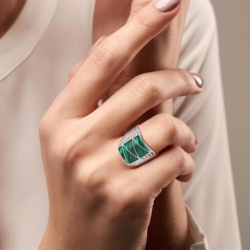 Aeravida Stripe Line zig-Zag Green Malachite .925 Sterling Silver Ring | خواتم الزفاف الكلاسيكية للنساء | خمر الراحة تناسب الخواتم الفضية للنساء | هدية للنساء | أحجام الحلقات الفضية الاسترليني (9) in Saudi Arabia