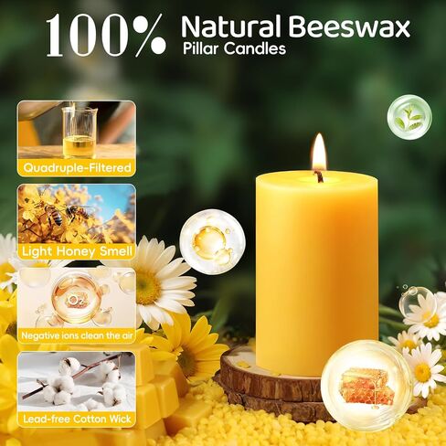 6 Pack Natural Beeswax Pillar Candles,100% Pure Beeswax Candles-192 Hours Long Burning,Unscented Bees Wax Candles for Home,Prayer,Emergency,Dripless Smokeless Organic Pillar Candles Bluk-2x3in in Saudi Arabia
