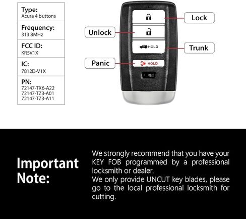 Replacement for 2017 2018 2019 2020 Acura ILX RLX TLX Key Fob Remote Control KR5V1X 4 Buttons 313.8MHz in Saudi Arabia