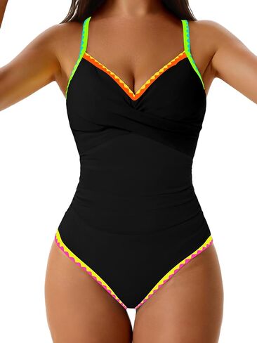Women's One Piece Swimsuits Tummy Control V Neck Bathing Suit Tie Back Push Up Swim Suit Shell Stitched Swimwear in Kuwait