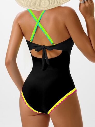 Women's One Piece Swimsuits Tummy Control V Neck Bathing Suit Tie Back Push Up Swim Suit Shell Stitched Swimwear in Kuwait